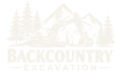 Backcountry Excavation logo, an excavator in front of mountains and pines