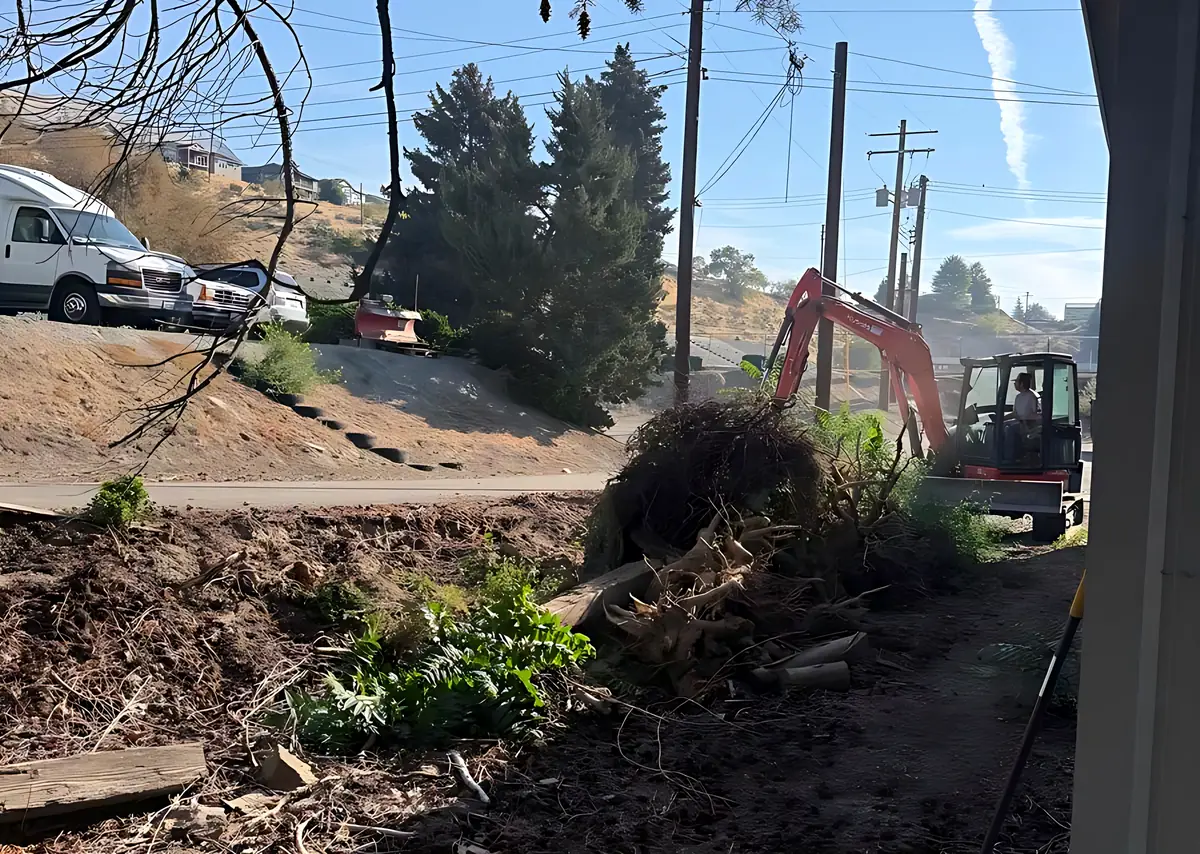 Kubota U55-5 pulling brush and debris off a hillside lot beside a road