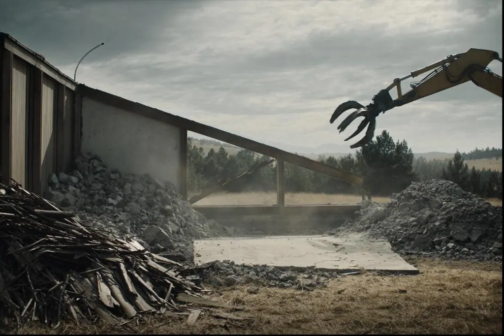 An excavator pulling apart a small outbuilding and a broken concrete slab, with debris sorted into piles.