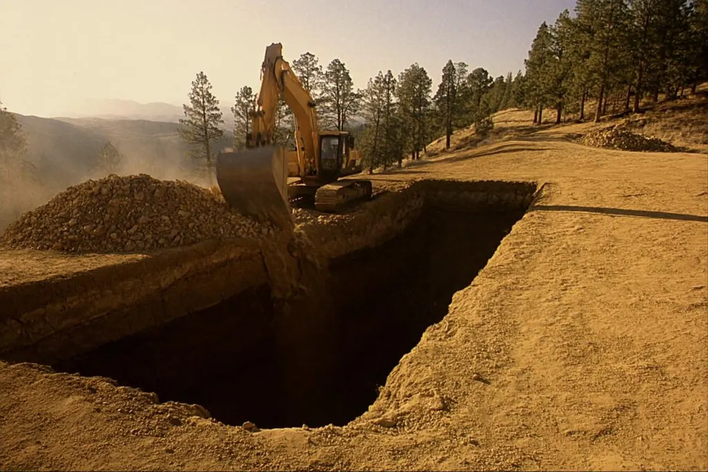 A deep foundation excavation with clean cut faces and a spoil pile alongside.