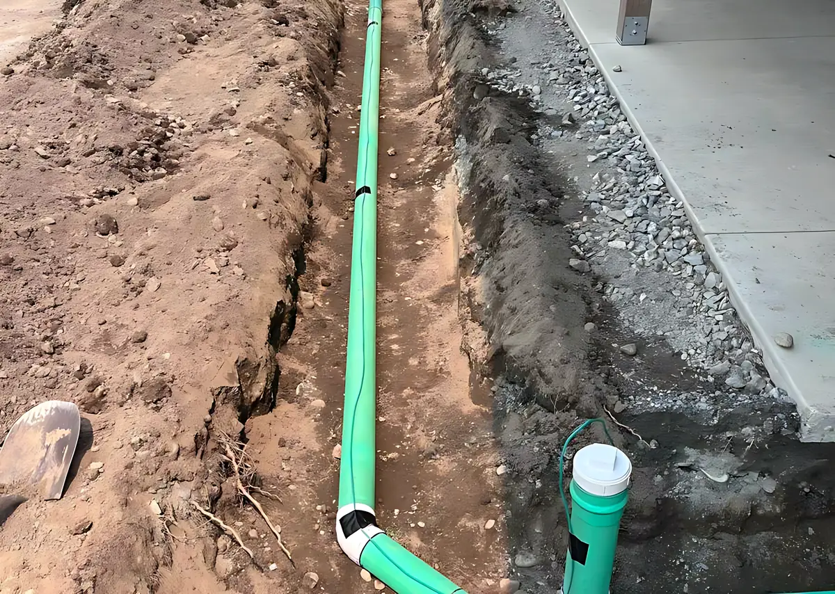 Green drain pipe laid in an open trench along the edge of a concrete slab